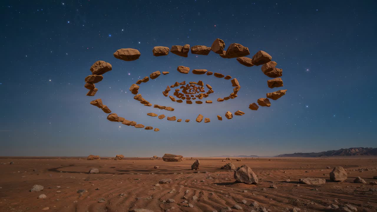 Camera approaching, floating rock spiral rotating above desert plain, revealing rippled sand