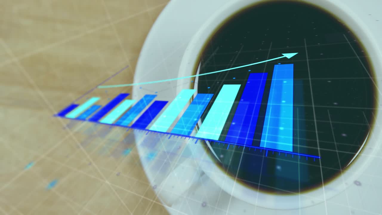 Grid axis appearing above cup, translucent blue bars forming, arrow sweeping up indicating trend