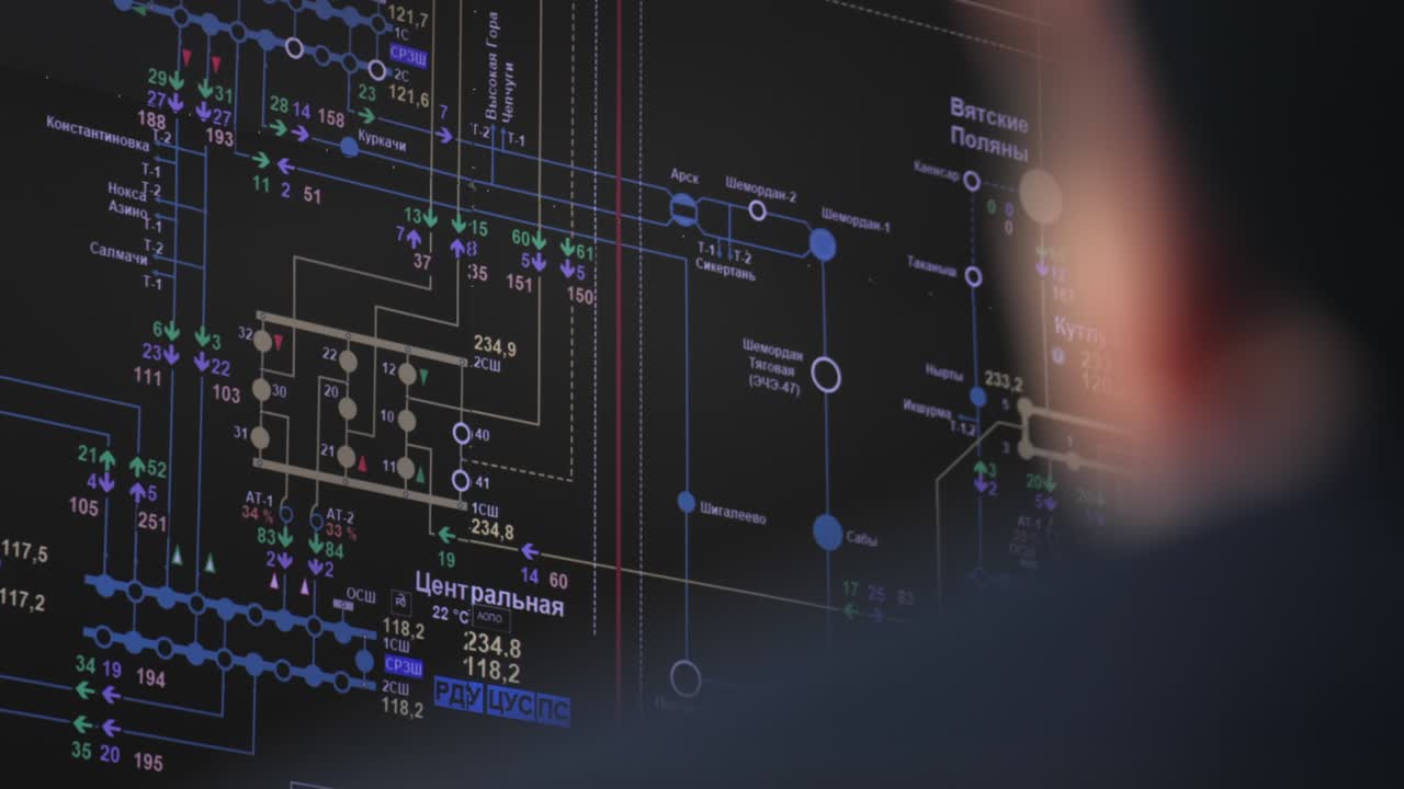 오퍼레이터는 장비를 제어하고 스키마와 함께 화면을보고 있습니다.