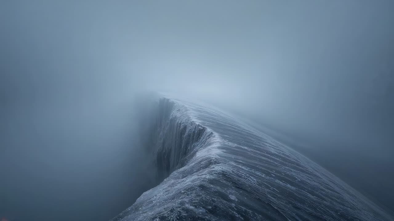 Thinning fog revealing narrow icy crest curving along alpine ridge, with cliff face cascading ice
