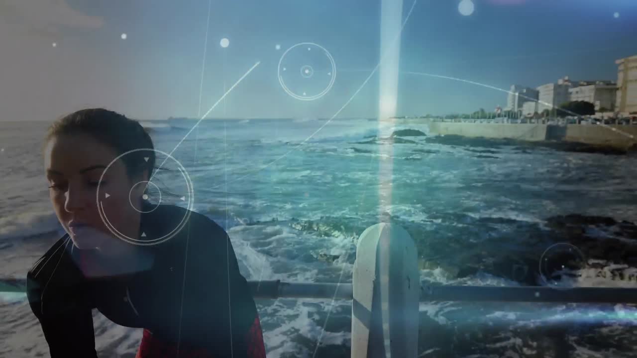 연결 네트워크의 애니메이션과 데이터 처리가 여성이 달리고 있습니다.