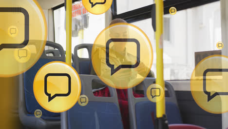 Animation-Von-Social-Media-Symbolen-über-Einer-Frau-Mit-Gemischter-Abstammung,-Die-Im-Bus-Sitzt-Und-Ihr-Smartphone-Benutzt