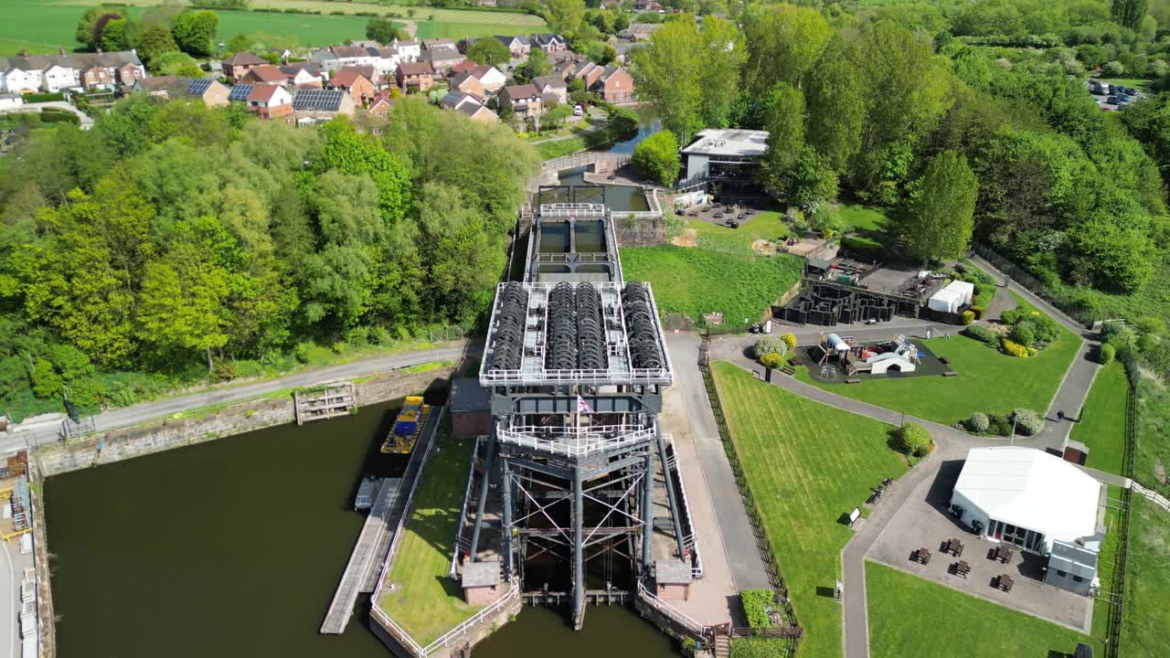 Anderton Boat Lift by drone - flyover from front. An amazing feat of British engineering - Cheshire, UK