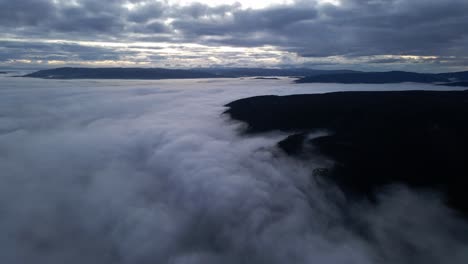 aerial view on top of the clouds of a mountain with a forest rising above the clouds