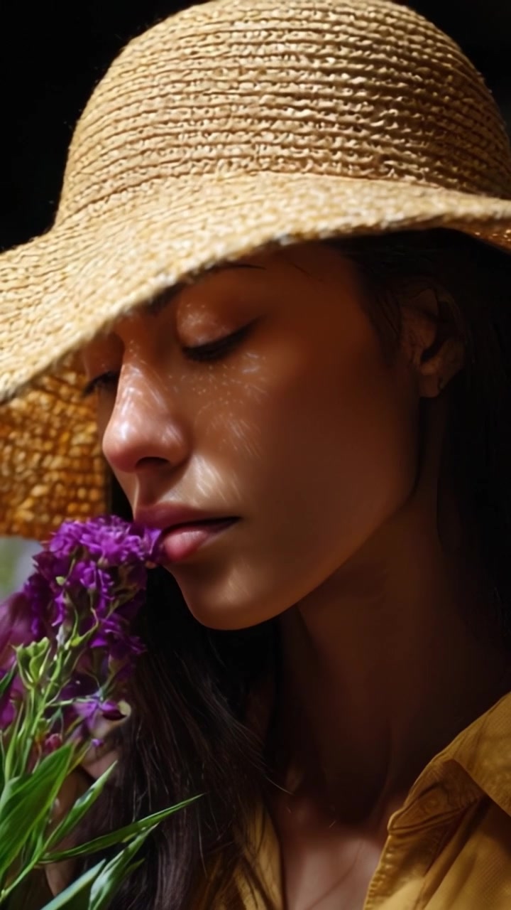 Un momento sereno nella natura: una bella donna con un cappello di paglia che assapora il profumo di fiori viola in un'atmosfera delicatamente illuminata.