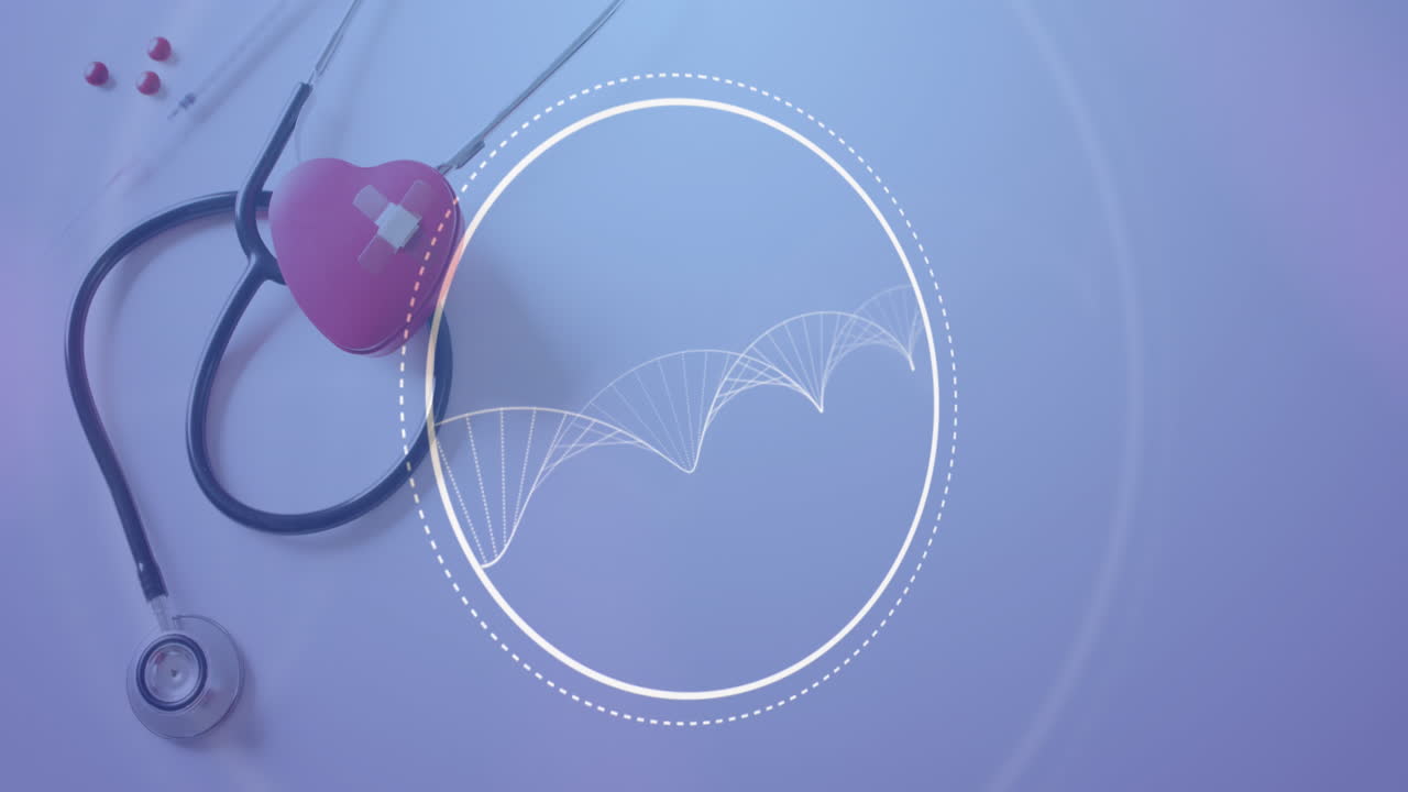 심장과 함께 스테토스코프 위에 원과 dna 가닥의 애니메이션