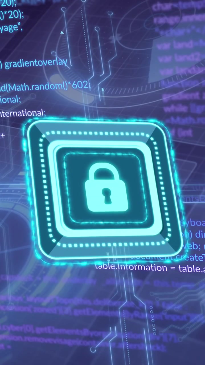 Animation of padlock, circuit board, data processing over statistics