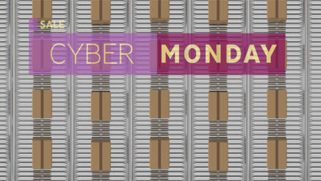 Animation-of-cyber-monday-text-over-cardboard-boxes-on-conveyor-belts-in-warehouse