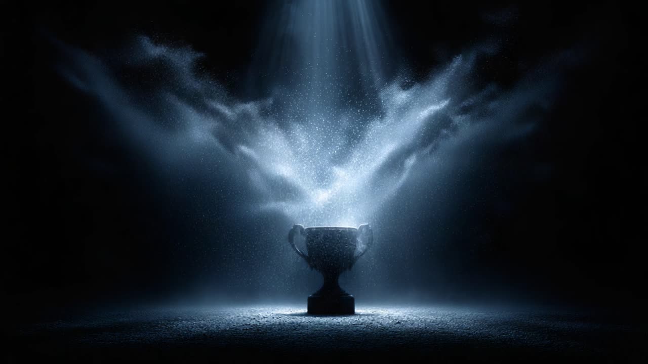 Beleuchtete Trophäe auf dunkler Oberfläche, umgeben von strahlendem Licht und Nebel, symbolisiert Leistung, Erfolg und Feier in einer dramatischen Atmosphäre
