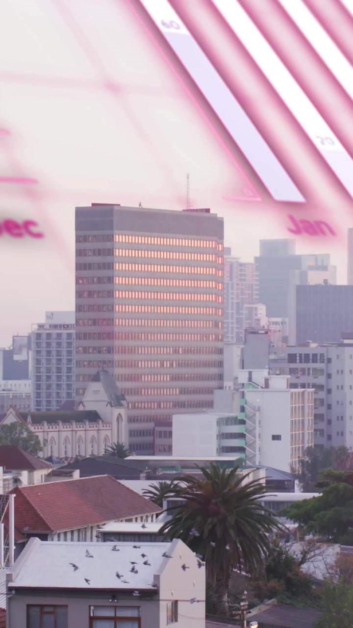 Animação de processamento de dados financeiros sobre a paisagem urbana