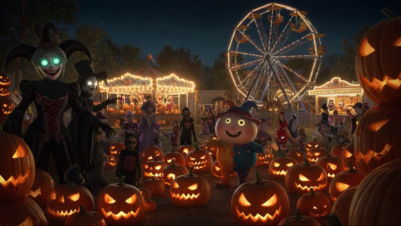 A Spooktacular Halloween Fest: Enchanting Characters, Gleaming Jack-o'-Lanterns, and a Ferris Wheel Create a Whimsical Atmosphere at a Nighttime Carnival Celebration