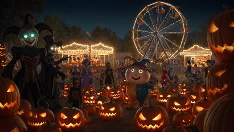 A Spooktacular Halloween Fest: Enchanting Characters, Gleaming Jack-o&#039;-Lanterns, and a Ferris Wheel Create a Whimsical Atmosphere at a Nighttime Carnival Celebration