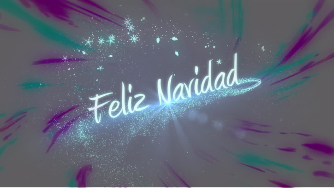 animación del texto feliz navidad en azul brillante, con estrellas y remolinos rosados en fondo oscuro
