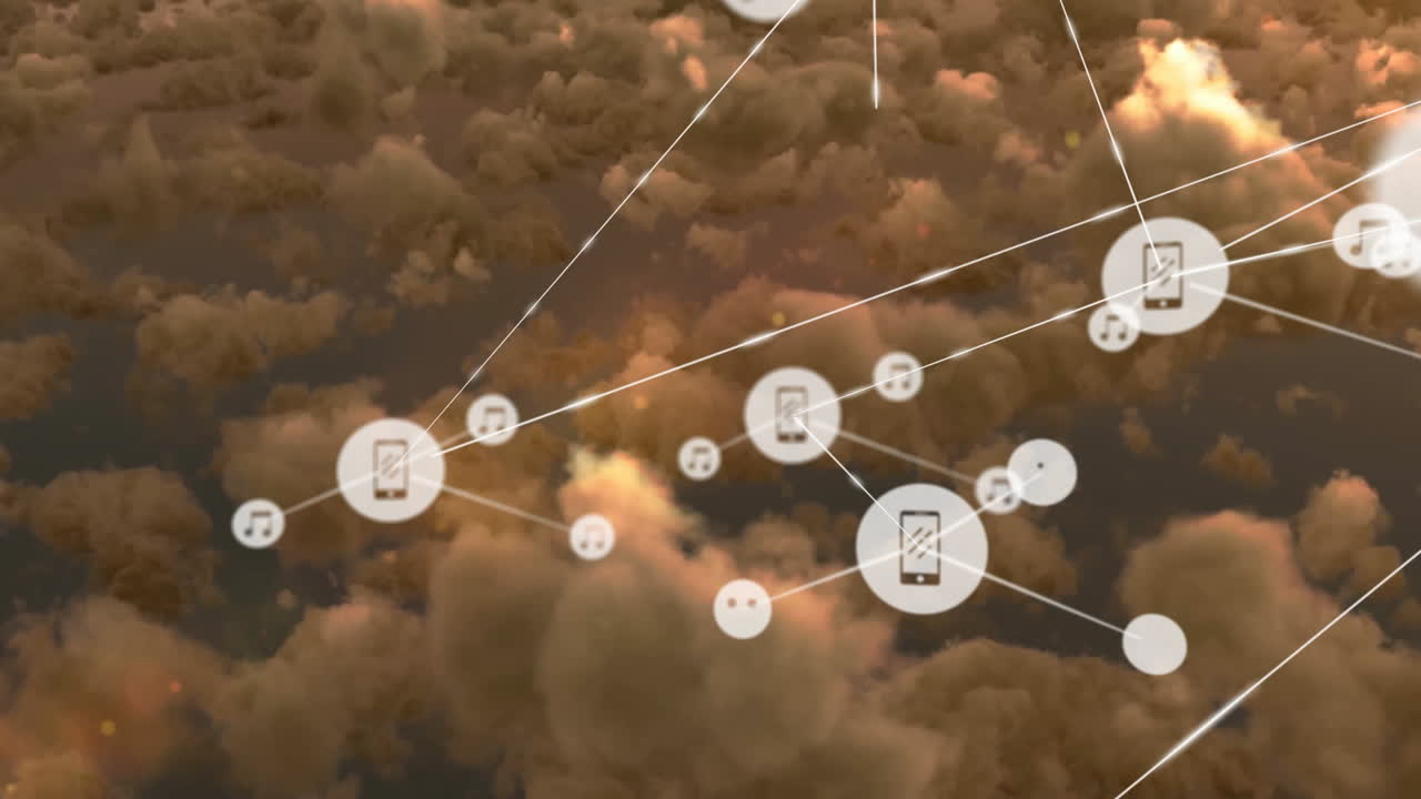 animación de la red de conexiones con iconos sobre nubes