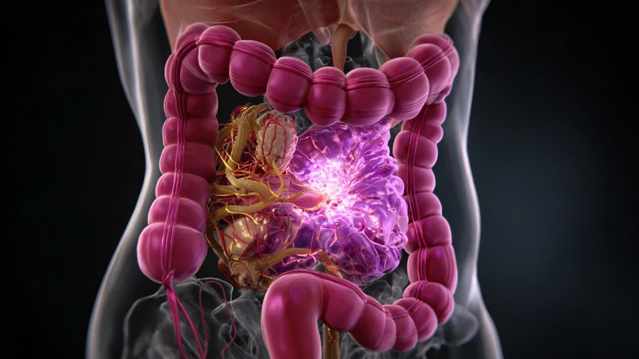 Anatomical Visualization of the Human Digestive System: A Detailed Illustration of the Intestines and Organ Functions Highlighting the Interplay of Biological Structures and Energy Flow