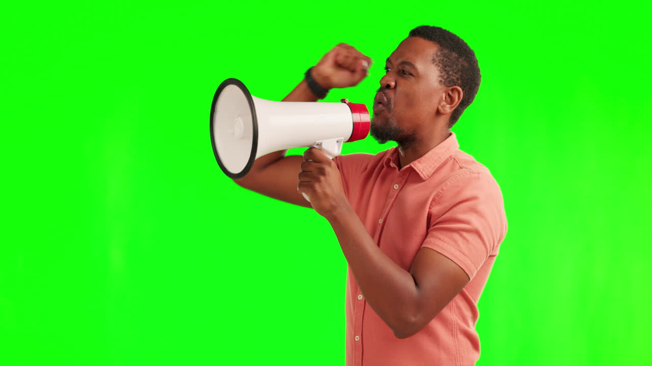 Black man, megaphone and screaming in protest