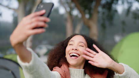 woman, wave with selfie or live stream