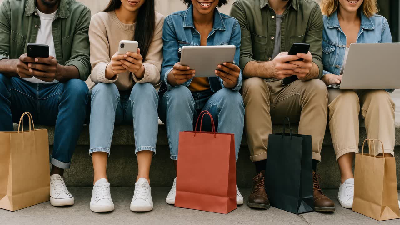 Low-angle video shot of diverse people sitting with shopping bags, using devices
