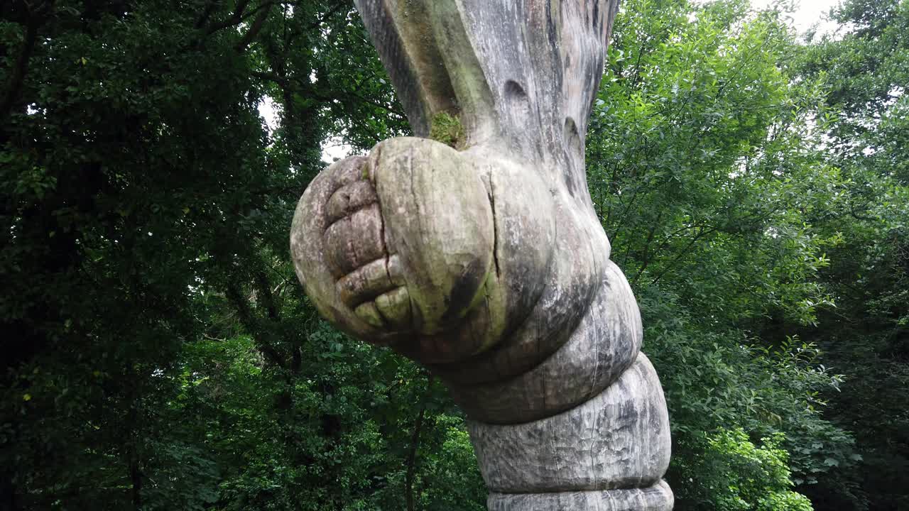 Strano bruco alieno scolpito nel legno all'ingresso di un sentiero forestale boschivo gallese
