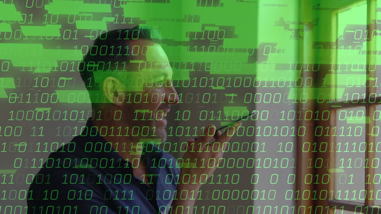 Man speaking into smartphone by window, digital overlay showing green binary code for tech demo