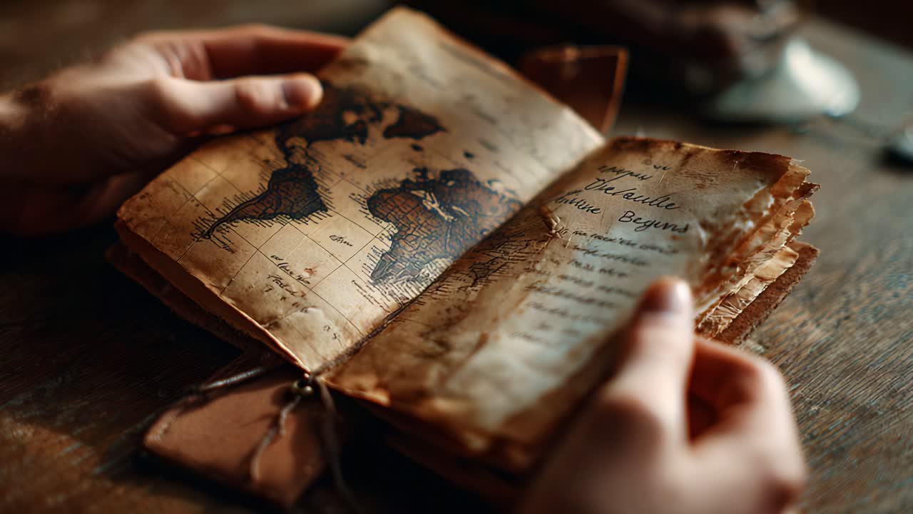 Exploring the Journey: A Close-Up of an Antique Map Book with Intricate Illustrations and Handwritten Notes, Inviting Adventure and Discovery Beyond the Mundane