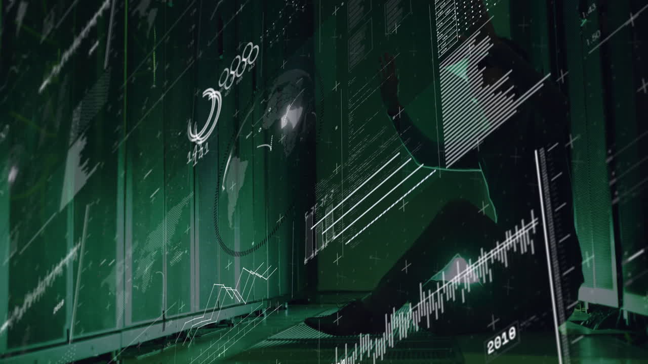 Silhouette of person with financial graphs and data processing animation overlay
