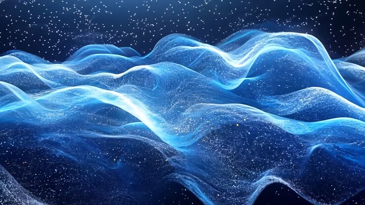 A blue wave with a lot of stars in the background. The stars are scattered all over the wave, giving it a dreamy and ethereal feel
