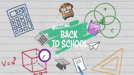 school concept icons and welcome back to school text against white lined paper