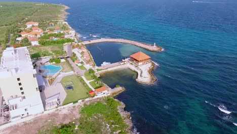 Aerial-circling-view-of-Hotel-Hilton-Garden-Inn-of-La-Romana-in-Dominican-Republic