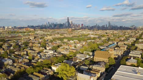 Pilsen-Neighborhood-in-Fall,-Subway-Train,-Harrison-Park,-Autumn-Day