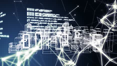 animation of data processing and network of connections over 3d cityscape drawing