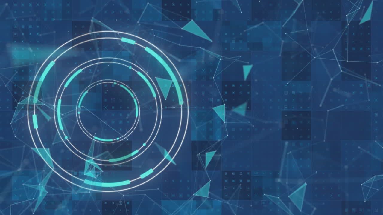 escáner redondo de neón contra una red de conexiones flotando sobre un fondo azul