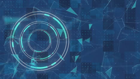 Neon blue round scanner against network of connections floating on blue background