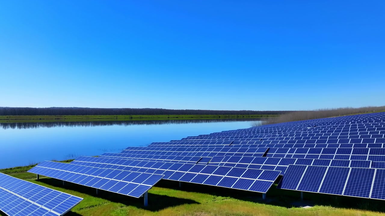 Pannelli solari stazionari in un campo aperto sotto un cielo sereno, creando un ambiente calmo e sereno, catturati da una prospettiva grandangolare, illuminati dalla luce naturale, che rappresentano.