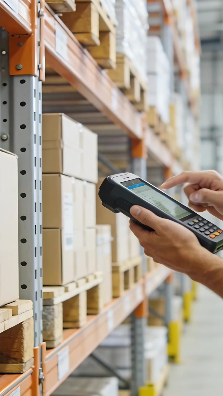 Vertical video: Hands entering scanning labels tapping scanner verifying stock in aisle, copy space