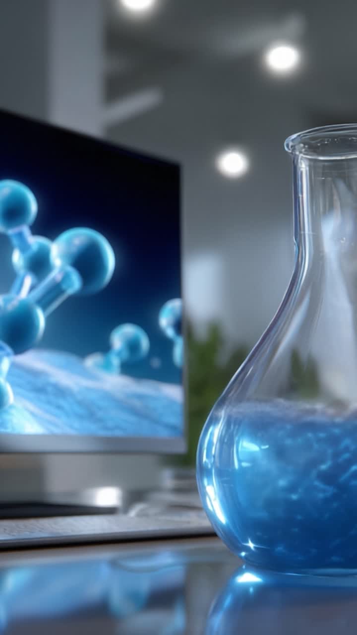 A Scientific Exploration of Chemical Reactions Displayed Through a Blue Liquid in a Flask and Digital Visualization of Molecules on a Computer Monitor