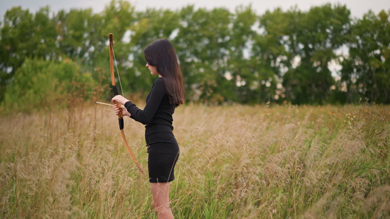 young woman in tall grass holding bow and quiver, black dress contrasts golden meadow, solitary warrior stance, checking equipment with careful hands, soft overcast light, distant treeline, gentle