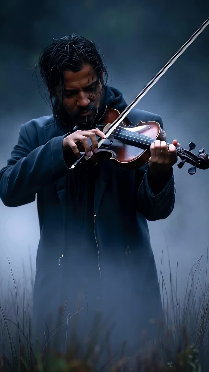 A man playing a violin in the fog