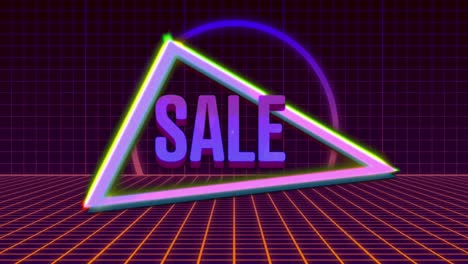 Animation-of-sale-text-over-multiple-neon-shapes-moving-and-changing