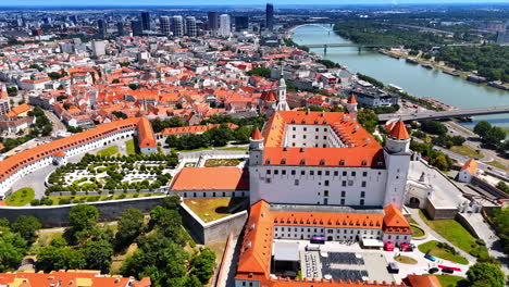 gorgeous bratislava castle from aerial view in slovakia. revealing scenery of the old town, the danube and new city of bratislava