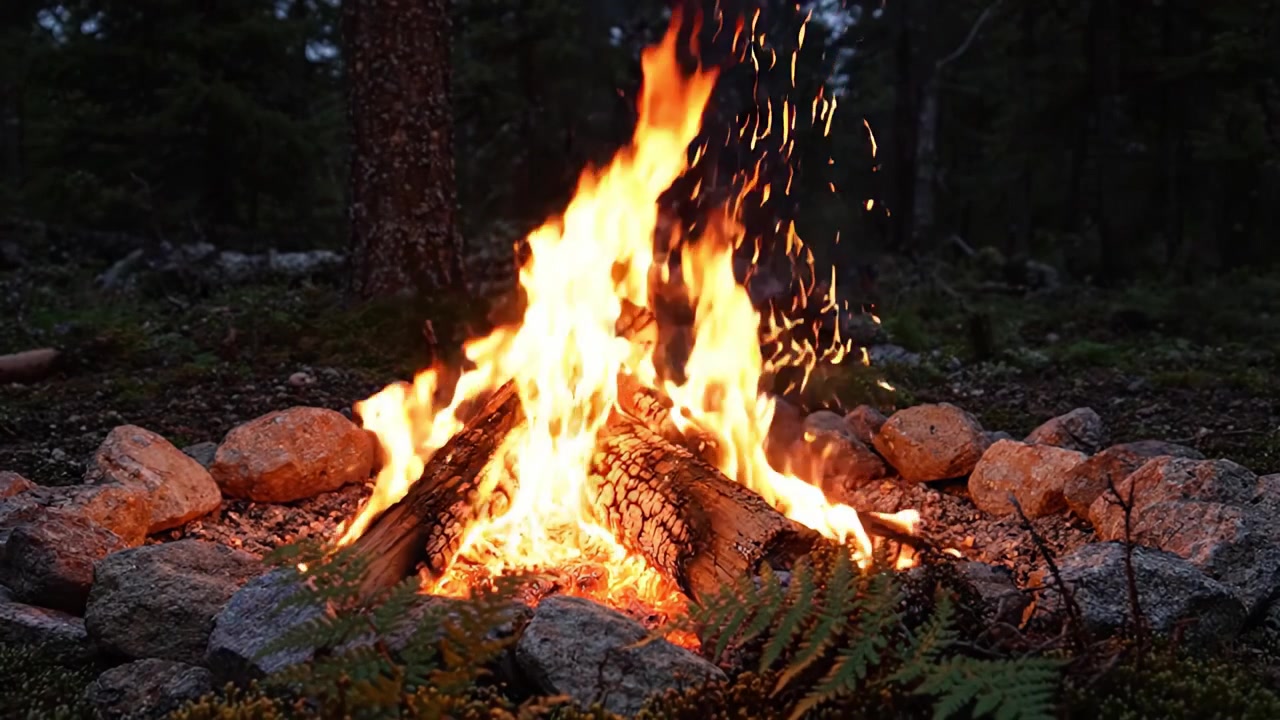 Fiamme affascinanti di un falò danzano tra le rocce in un sereno ambiente boschivo, illuminando la sera con calore e luce nell'abbraccio della natura