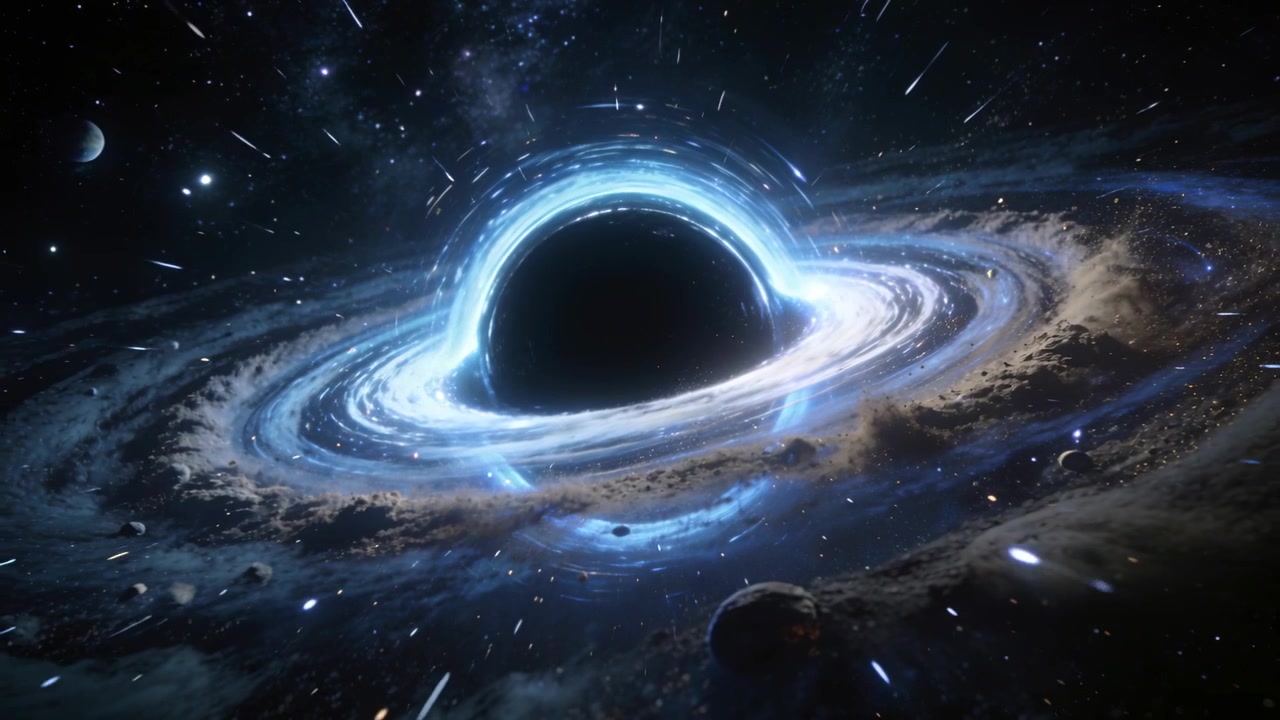 Enorme buco nero che ruota e attira polvere, con un disco di accrescimento blu che si illumina e un anello deformato nello spazio.