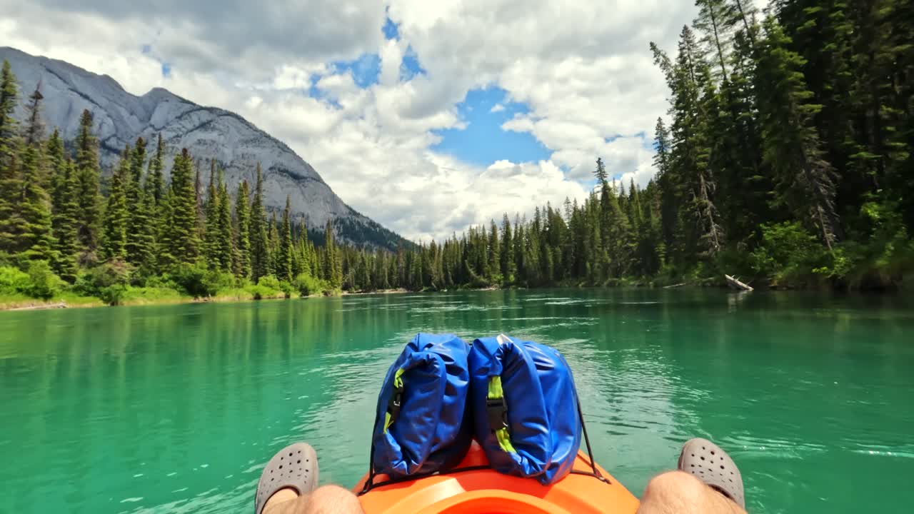 POV 4K action cam captures a kayaker drifting leisurely along the Bow River. The gentle current carries them through emerald waters, framed by towering forest and the breathtaking Canadian Rockies.