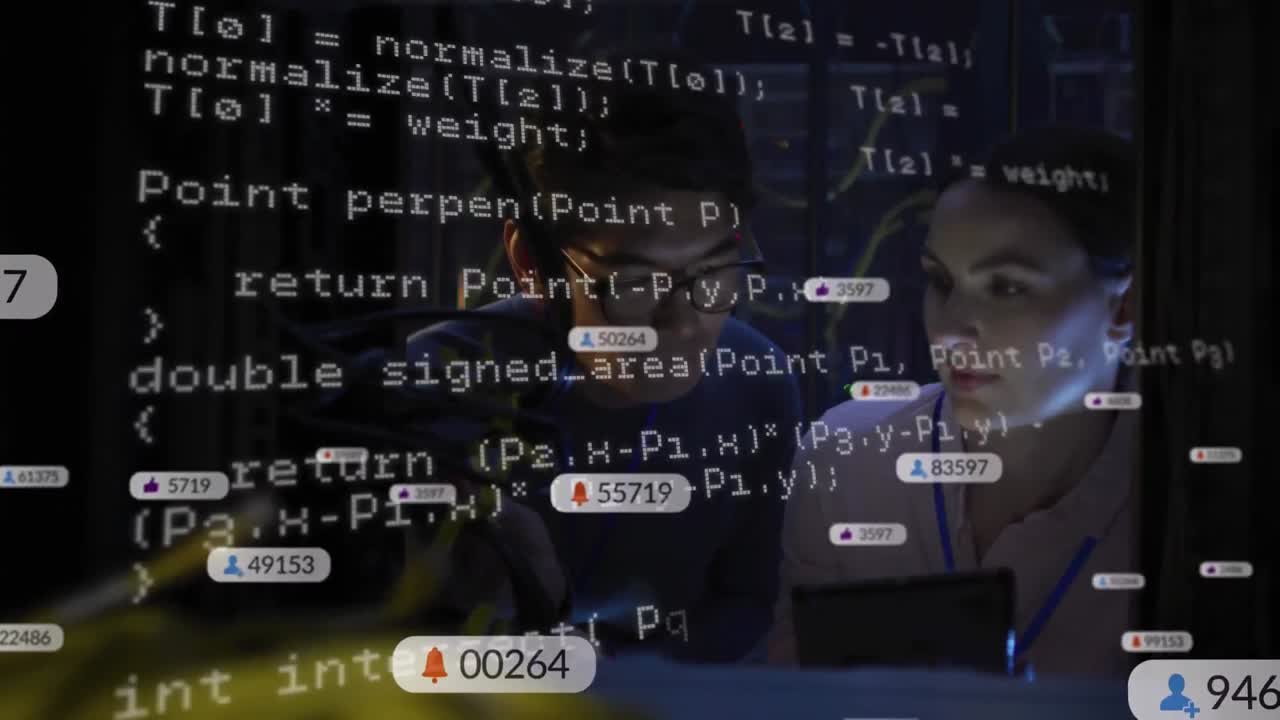 Animation of social media icons over diverse male and female it engineers by computer server