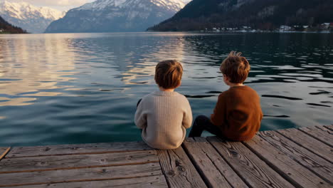 two boys sitting on a pier overlooking a lake and mountains