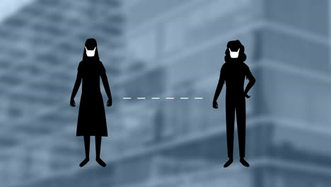 animation of people wearing a mask social distancing over buildings