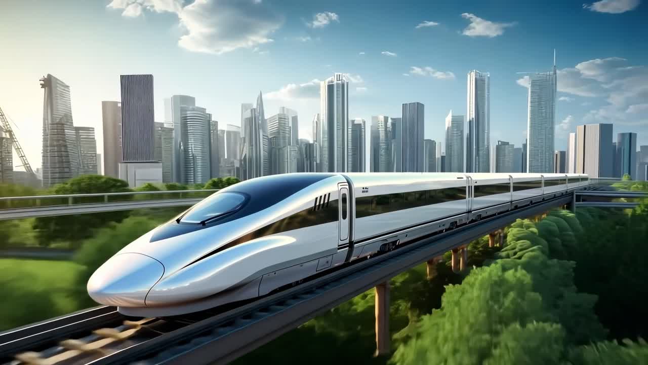 Futuristic high-speed train gliding through a cityscape, captured from a low-angle, showcasing sleek