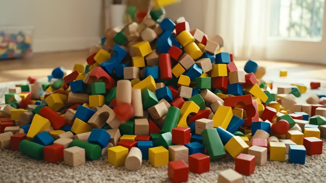 Colorful Wooden Building Blocks Falling and Piling Up