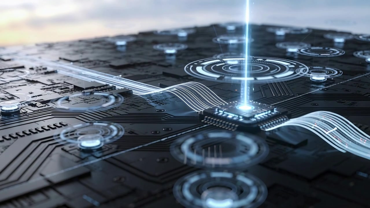 Pulsing central chip lighting traces on board as blue beam focusing, activating network rings
