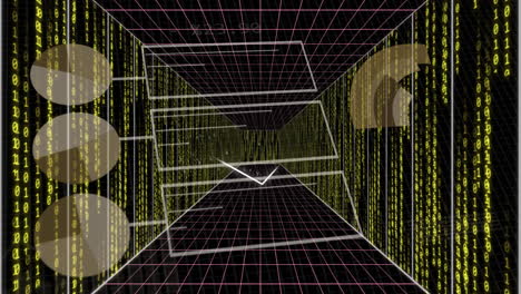 digital grid and binary code animation over abstract tunnel